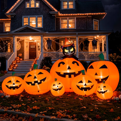 7 FT Long Halloween Inflatables Pumpkin Outdoor Decorations, 7 Pumpkins Outside Decoration with Witch's Cat with Build-in LEDs Blow Up Inflatables for Party Yard Lawn Garden Decor