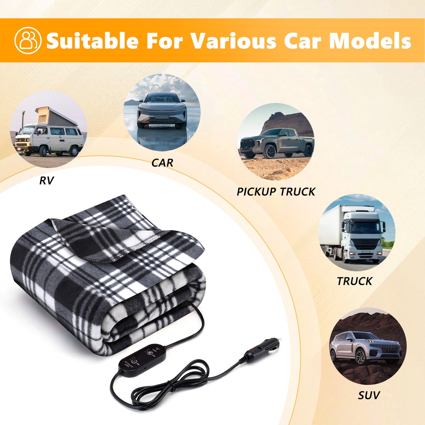 DC 12V-24V Flannel Electric Heated Blanket 3 Heating Levels Timed for Car, Truck, or RV,59 x 43in