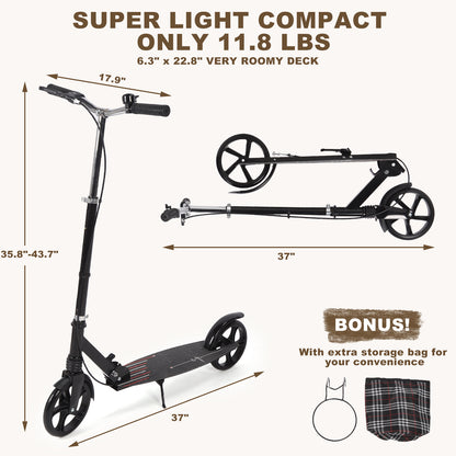 Stand Kick Scooter Kick Scooter For Teens Adults Height Adjustable Shock Absorption Foldable 2 Wheel Kick Scooter With Dual Brake For Outdoor Commuting