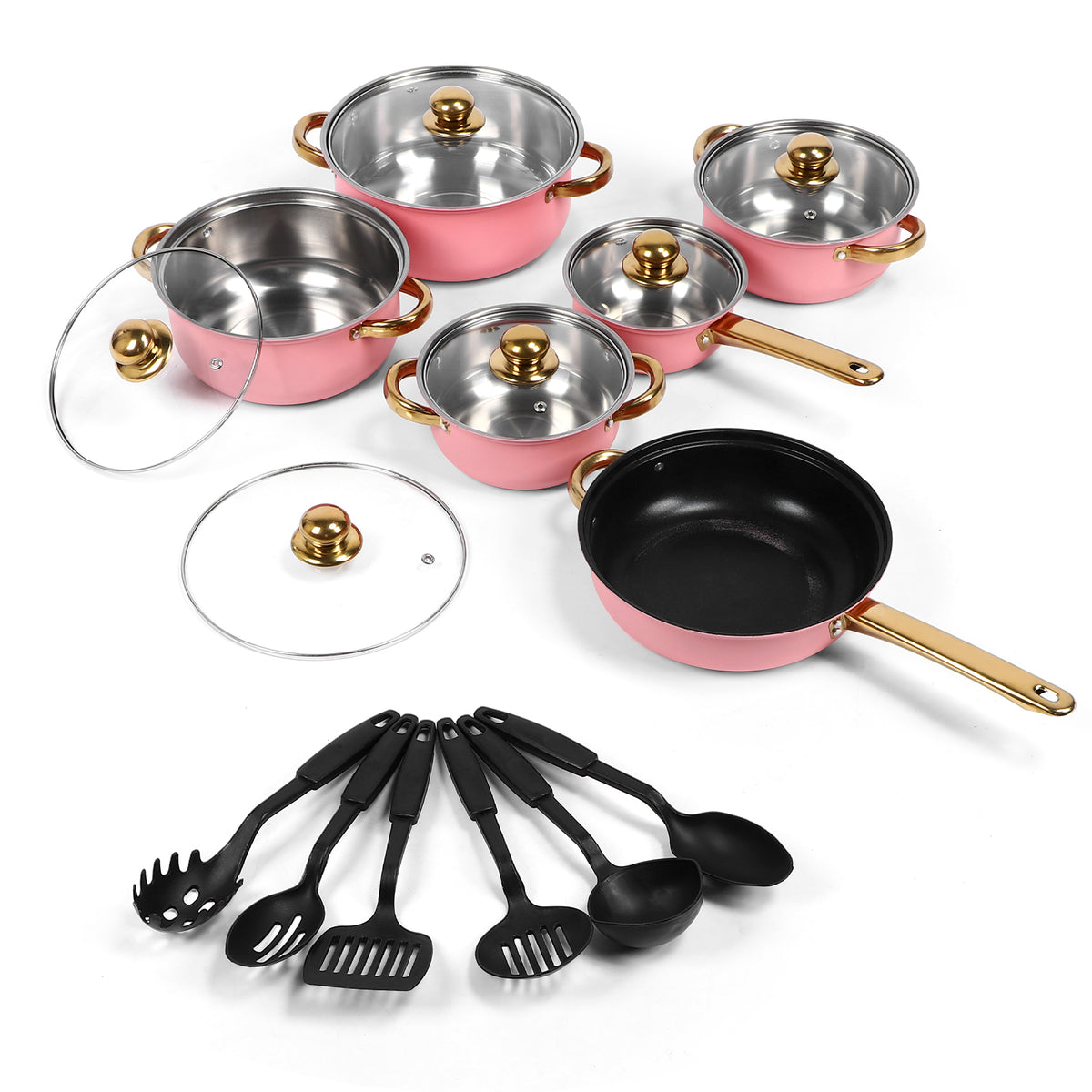 18Pcs Stainless Steel Cookware Set, Nonstick Pots and Pans Cooking Utensils Set with Gold Plated Handles for Kitchen, Pink