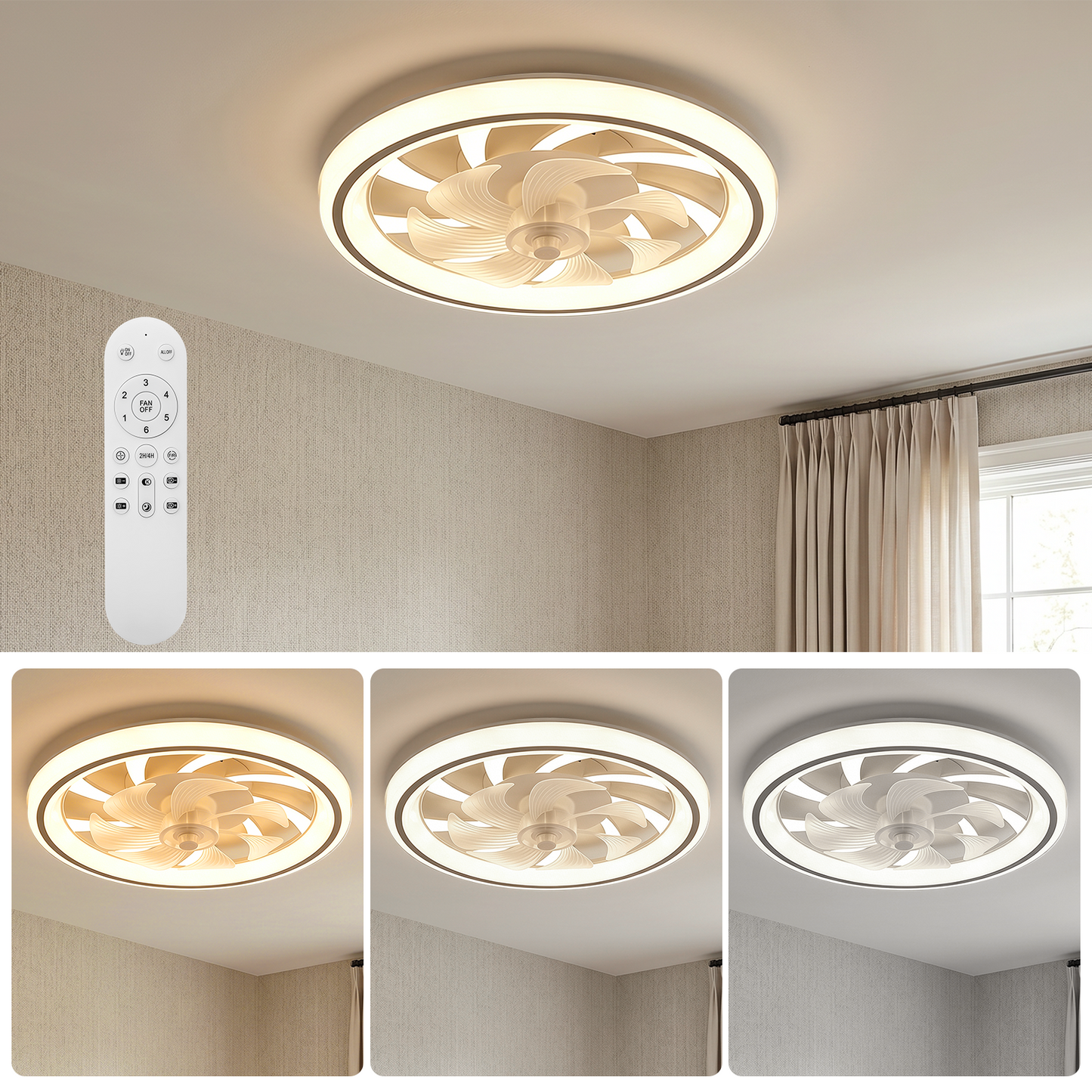 Ceiling Fans with Lights and Remote, 20" Low Profile Ceiling Fan with Light,Dimmable LED Smart Ceiling Fan, Modern Flush Mount Fan Light,Bladeless Ceiling Fans for Bedroom,Living Room, Grey
