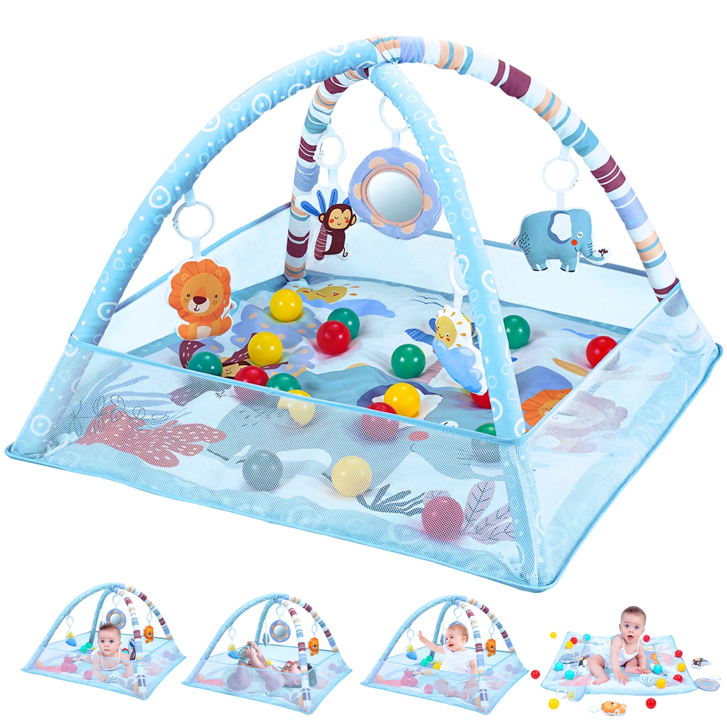 Baby Gym Mat 3 in 1 Tummy Time Baby Activity Gym with 5 Sensory Toys, Ocean Balls, Floor Crawling Mat for Newborn Toddlers