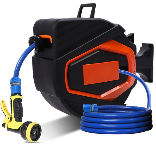 Retractable Garden Hose Reel 5/8 In X 100 Ft Automatic Wall Mounted Water Hose with 10 Pattern Nozzle Any Length Lock Slow Retraction 180° Swivel