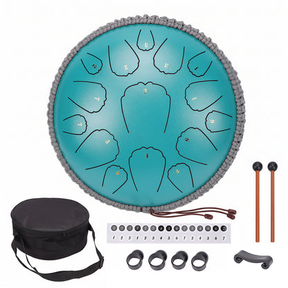 13 inch Steel Tongue Drum, 15 Notes D Major Handpan Drum with Mallets & Carry Bag, Carbon Steel Rain Drum Style Calming Percussion Instrument for Meditation Yoga Beginners Gift, Malachite Green