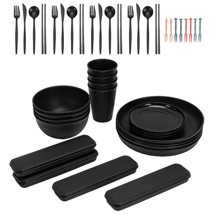 Wheat Straw Dinnerware Set, 48 Pcs Unbreakable Dinnerware Sets for 4, Dishwasher Microwave Safe, Black