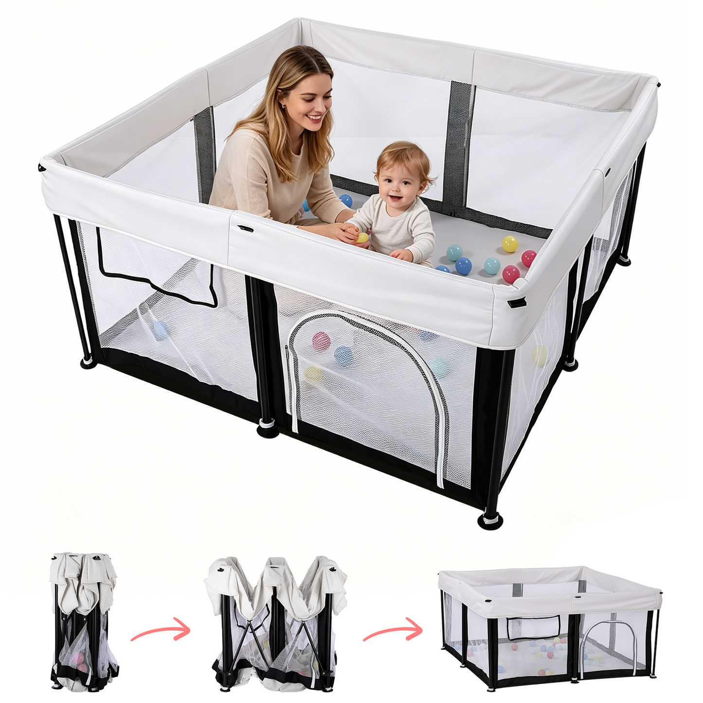 Portable Baby Playpen Large Play Yard Fence for Toddlers Indoor Outdoor,50"x50" with 30 Ocean Balls,White