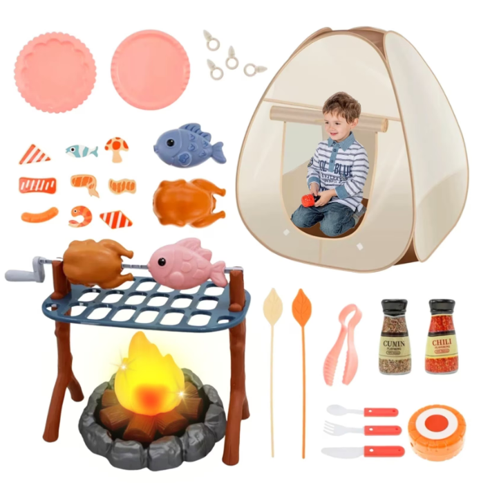 Kids Camping Set with Pop-Up Tent, 39PCS Pretend Camping Toys with Light-Up Campfire, Outdoor Adventure Play Kit for Boys & Girls Ages 3-6