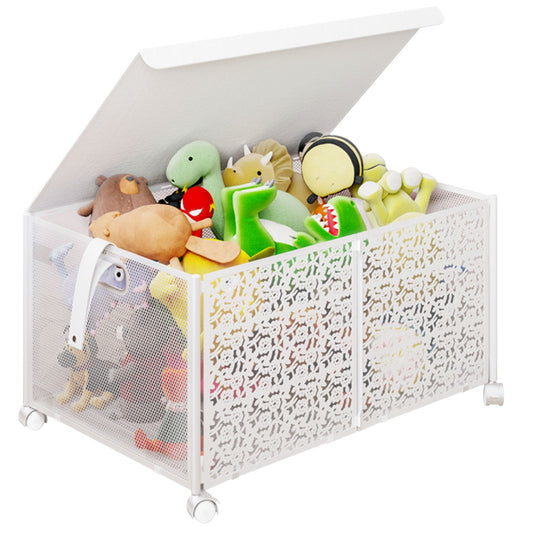 Toy Box Storage, Foldable Metal Kids Toy Chest with Flip-Top Lid and Wheels for Bedroom Nursery Playroom,White