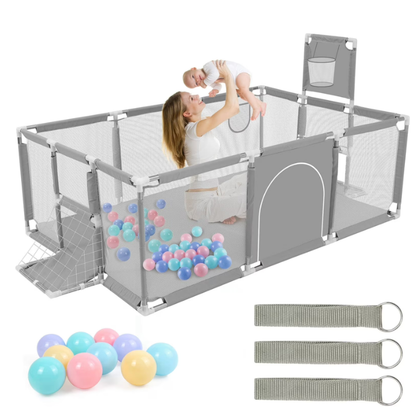 71" x 48" Extra Large Playpen for Babies Toddlers, Baby Playard with Basketball Hoop, No Gap Kids Fence Play Area Ball Pits, Infant Safety Play Yard with Door/Soccer Net