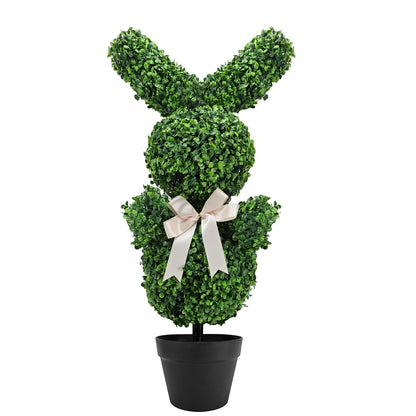 3ft Easter Shaped Topiary Trees, High Artificial Boxwood with Swaying Ears & Brown Bow Tie, for Indoor & Outdoor Decor