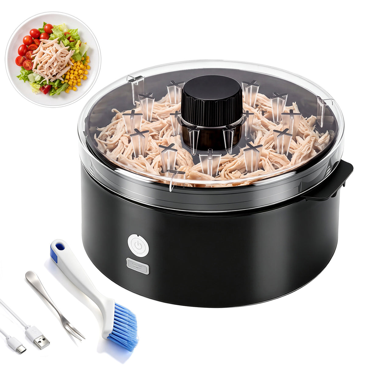 Electric Chicken Shredder, Rechargeable Automatic Meat Breast Shredder Tool, Kitchen Grinder Machine with 2 Timer Modes for Pork, Beef, Chicken, Salads, Pet Food, Dishwasher Safe