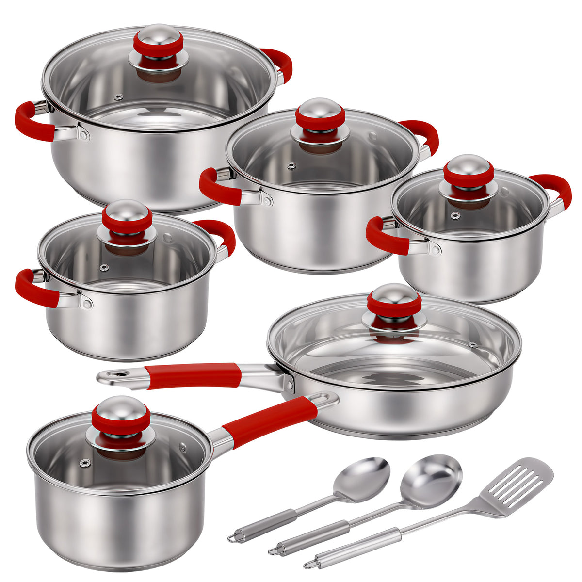 15Pcs Stainless Steel Cookware Set, Pots and Pans Set with Glass Lids, Kitchen Induction Cookware with Utensil Sets For Oven & Dishwasher ,Heavy Premium Kitchen Cooking, Red