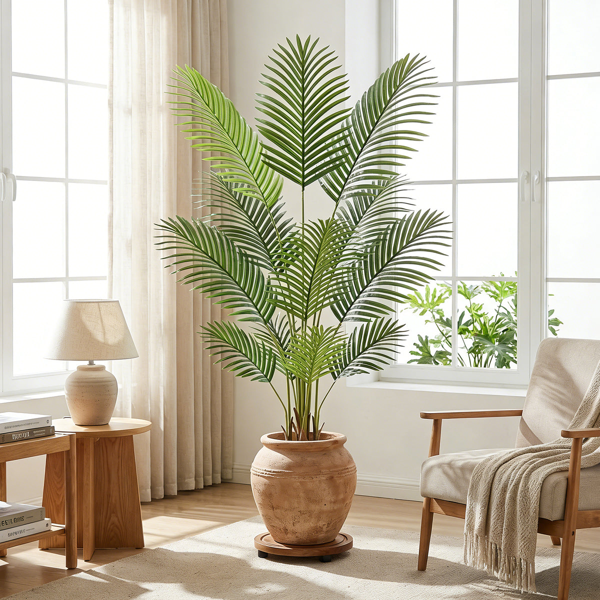 6FT Artificial Palm Tree Indoor with Pot, Realistic Leaves, 15 Trunks Adjustable Branches, Tall Faux Fake Palm Plant, Ideal for Living Room Bedroom Office Home Interior Aesthetic Decor