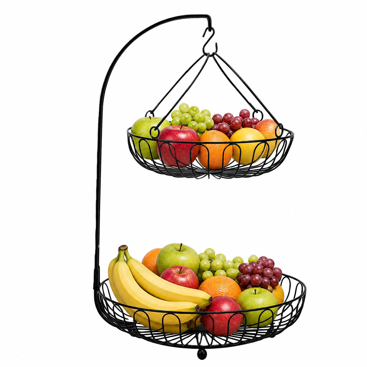 2-Tier Iron Countertop Fruit Vegetables Basket Bowl Storage With Banana Hanger & Detachable Fruit Basket, Black