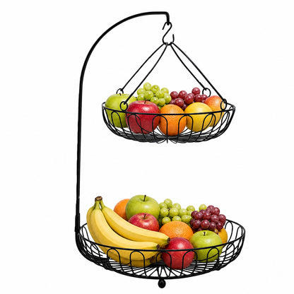 2-Tier Iron Countertop Fruit Vegetables Basket Bowl Storage With Banana Hanger & Detachable Fruit Basket, Black