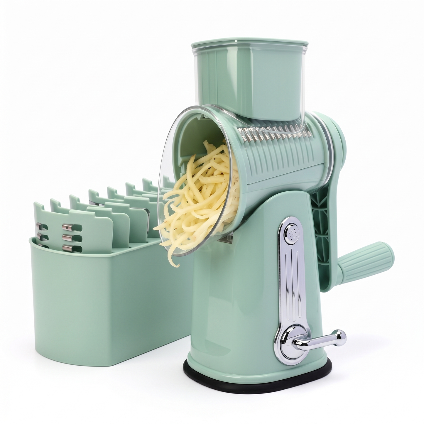 Handle Rotary Cheese Grater with Interchangeable 5 Blades, Suction Base, Mandoline Slicer & Veg Shredder with Blade Storage Box,Green