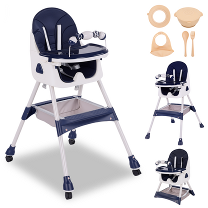 Baby High Chair, Convertible 6 in 1 Feeding Chairs for Babies and Toddlers, Foldable Baby Highchair, Adjustable Dining Tray, Backrest & Height, Blue
