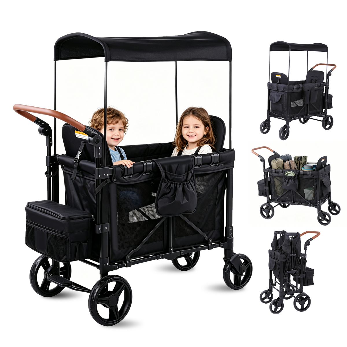 Wagon Stroller for 2 Kids, Outdoor Baby Stroller Wagon with Canopy, 5-Point Harness, Adjustable Handlebars for Toddlers, Black