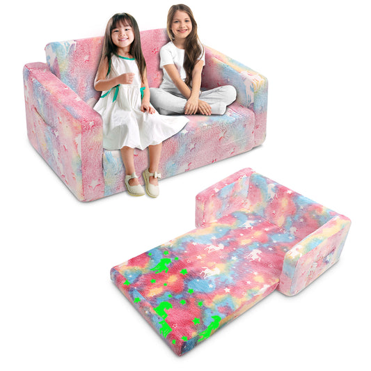 Toddler Couch, Toddler Chair Folding, Kids Couch 2 In 1, Kids Sofa for Playroom-Extra Soft 2 Seats, Glow In The Dark Open Couch, Gifts For Kids, Sleeper For Girls Boys,Pink