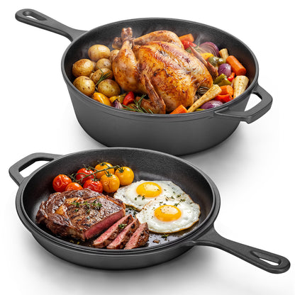 2-in-1 Cast Iron Dutch Oven Pot, with Skillet & Lid, 3QT Deep Pot + 1.5QT Frying Pan, Versatile for Oven, Stove, Grill, Campfire