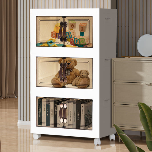 Fyydes 3 Pack Foldable Stackable Lidded Storage Box Containers with Lids and Wheels and Double Doors for Book Storage