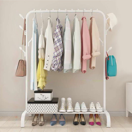 Clothes Rack Heavy Duty Clothing Garment Rack with 8 Hooks and Lower Storage Bedroom White