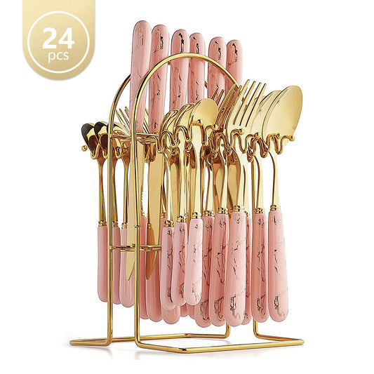 24-Piece Stainless Steel Cutlery Set with Elegant Marble Ceramic Handles - Main Dinner Knife, Fork, Spoon, Teaspoon - Luxury Gift Set
