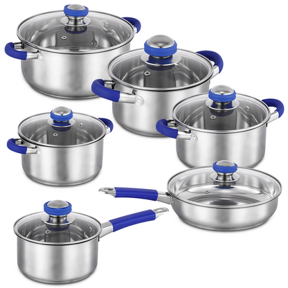 15Pcs Stainless Steel Cookware Set, Pots and Pans Set with Glass Lids, Kitchen Induction Cookware with Utensil Sets For Oven & Dishwasher ,Heavy Premium Kitchen Cooking, Blue