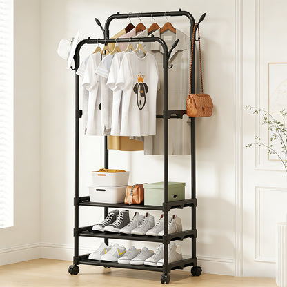 Clothing Garment Rack - 26.8" × 13.8" × 69" Double Rails Closet Rack with 3-Tier Shoe Rack and Wheels, Shoe Organizer for Entryway, Bedroom, or Laundry, Black