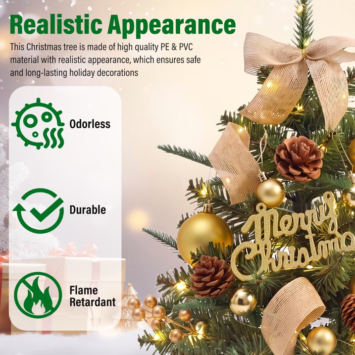 Mini Christmas Tree Tabletop Set with 30 LED Lights, 18 inch Artificial Xmas Tree with PineCones Berries Bows Balls & Gift Boxes Ornaments, Perfect DIY Xmas Decorations for Holiday Home Kitchen
