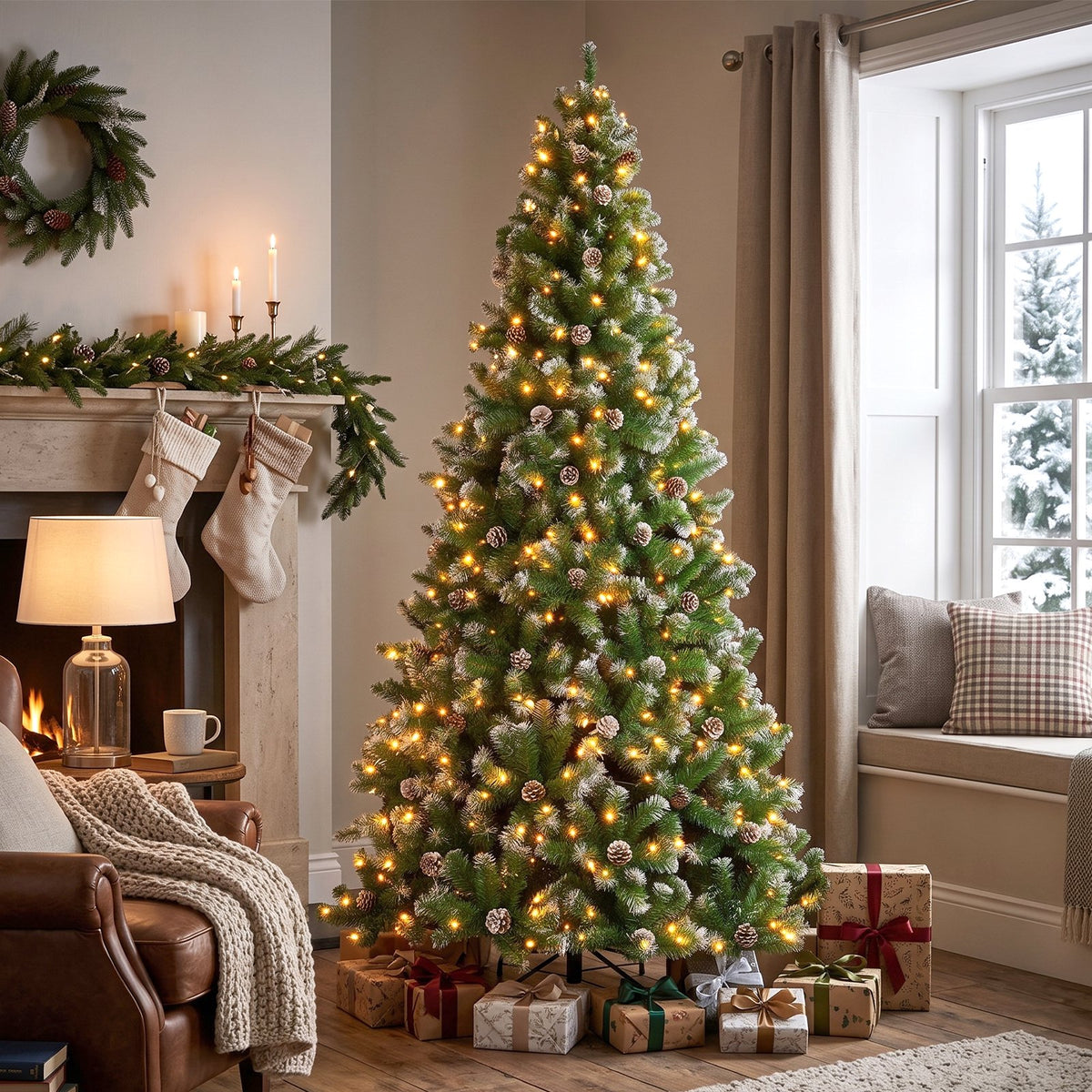 6ft Artificial Xmas Tree Realistic Fire Proof PVC Snow Flocked Xmas Tree with Pinecones String Lights Dense Branches for Home Holiday Decor