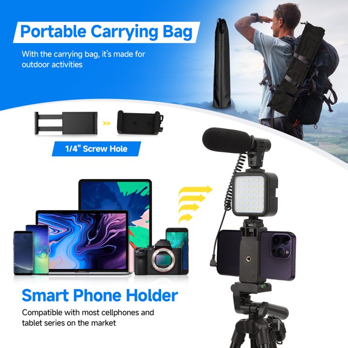 Selfie Stick Phone Tripod Vlogging Kit with Wireless Remote Microphone LED Light Rotating Phone Holder for Live Stream, Instagram TikTok, YouTube, Tripod for iPhone, Android & Cameras
