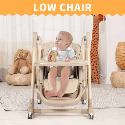 Loewten 3-in-1 Baby High Chair,Convertible Baby Swing,Foldable Infant Dining Chairs Seat with Wheels for Babies and Toddlers,Brown