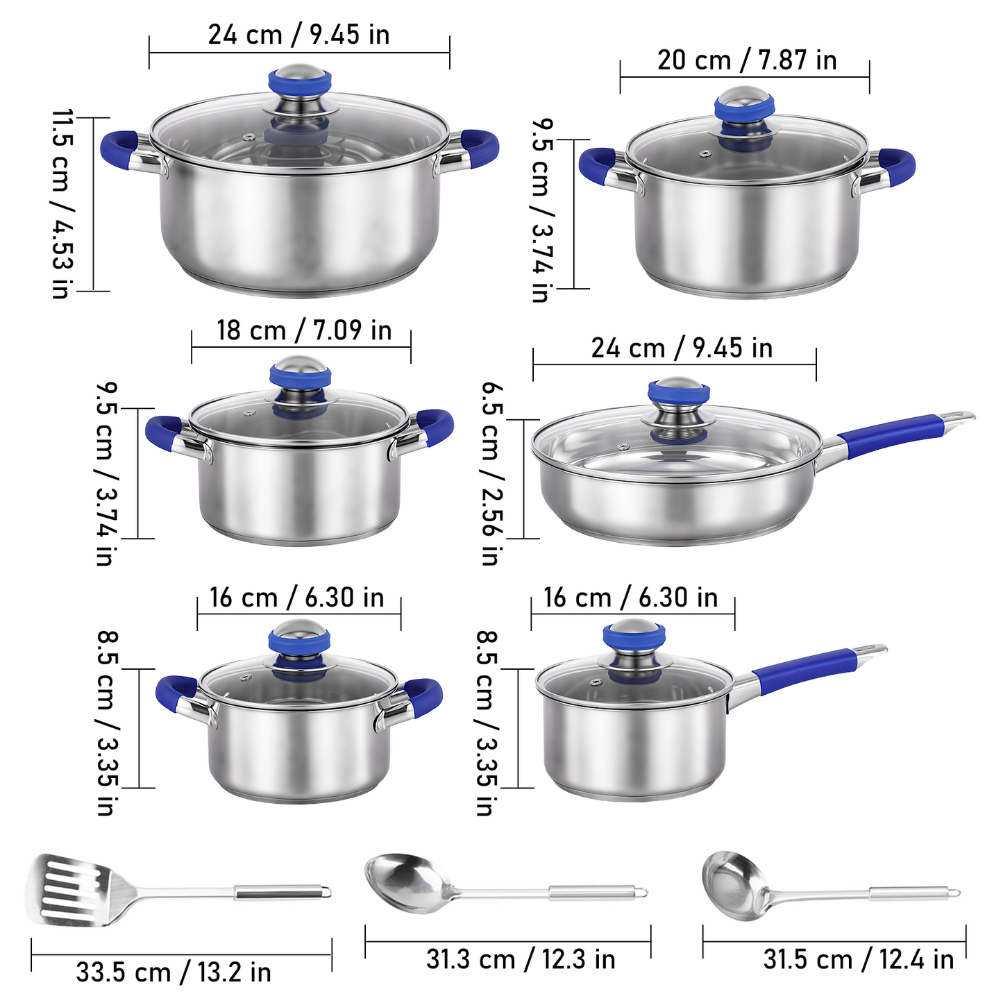 15Pcs Stainless Steel Cookware Set, Pots and Pans Set with Glass Lids, Kitchen Induction Cookware with Utensil Sets For Oven & Dishwasher ,Heavy Premium Kitchen Cooking, Blue