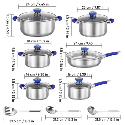 15Pcs Stainless Steel Cookware Set, Pots and Pans Set with Glass Lids, Kitchen Induction Cookware with Utensil Sets For Oven & Dishwasher ,Heavy Premium Kitchen Cooking, Blue