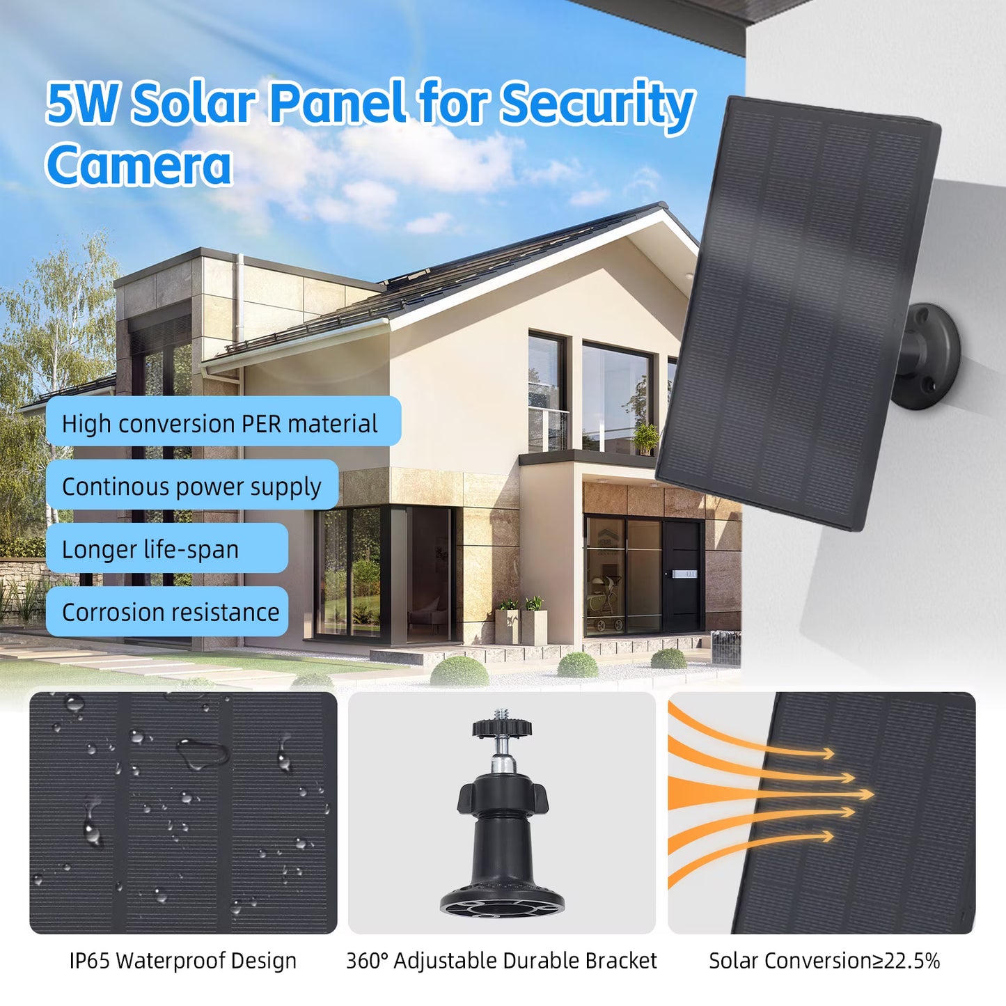 5W Solar Panel for Security Camera Outdoor, Solar Panel with Micro USB & USB C Port for DC 5V Outdoor Rechargeable Battery Camera, IP65 Waterproof, 360° Adjustable Mounting, 9.8ft Cable