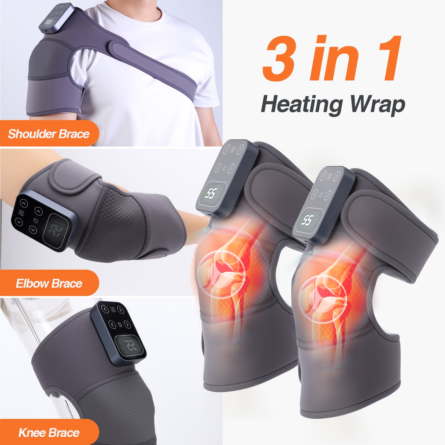 Cordless Heated Knee Massager with Vibration, 5 Heat Levels & 3 Massage Modes, Electric Knee Brace with Massage for Men Women