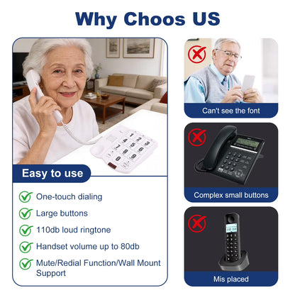 Big Button Phone for Seniors, Corded Landline Telephone for Elderly w/ Visually Disorders/Hearing Damage, Adjustable Volume Large Key Wired Telephone, One-Touch Dialling, Extra Loud Ringer, White