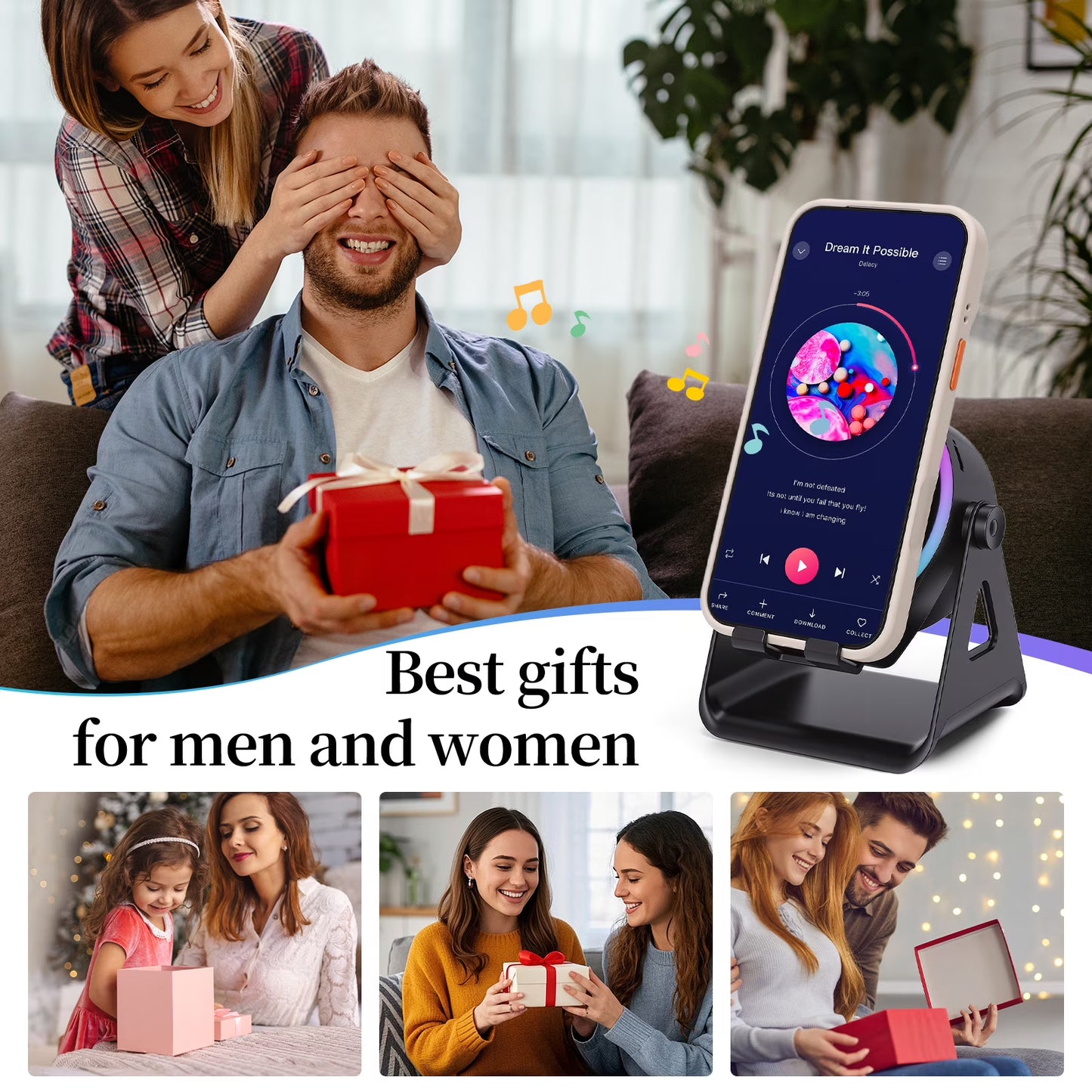 Wireless Induction Speaker 5-in-1 Bluetooth Speaker with Phone Stand, Stereo Sound, 7 RGB Ambient Light, 360° Adjustable Holder for iPhone/Android/iPad, Gifts for Men Women (Black)