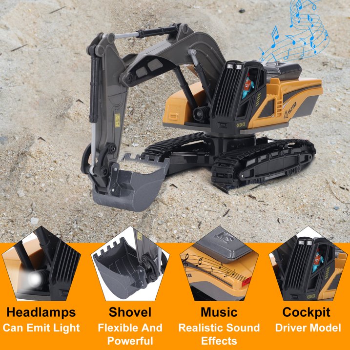 Remote Control Excavator Toys with Metal Shovel & Lights, 8 Channel RC Truck Rechargeable Tractor Toy Gift