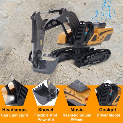 Remote Control Excavator Toys with Metal Shovel & Lights, 8 Channel RC Truck Rechargeable Tractor Toy Gift
