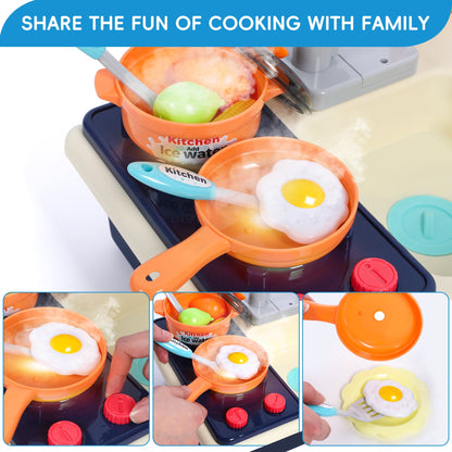 Kids Kitchen Playset with Stove, Pots, Pans, Pretend Food, Sounds, Lights, 27pcs Accessories Kitchen Sink Toy Fun Learning Dishwasher Toy for Toddlers & Children, Blue