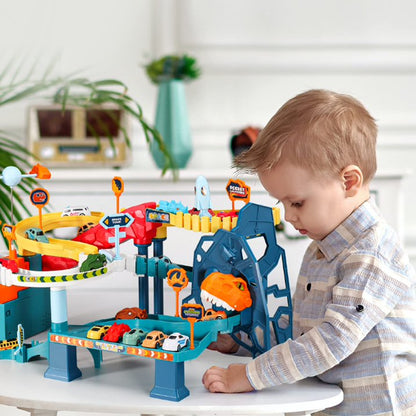 Dinosaur Rail Car Toys, Monster Trucks Race Track Playset, Winding Highway Space Dinosaur Hill Toy Ramp Track Set, Lifting Parking Lot with 4 Mini Racer Cars Gifts