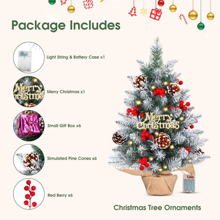 Mini Artificial Xmas Tree Set Small Tabletop Xmas Tree with Red Berries Pine Cones Lights Holiday Home Decoration