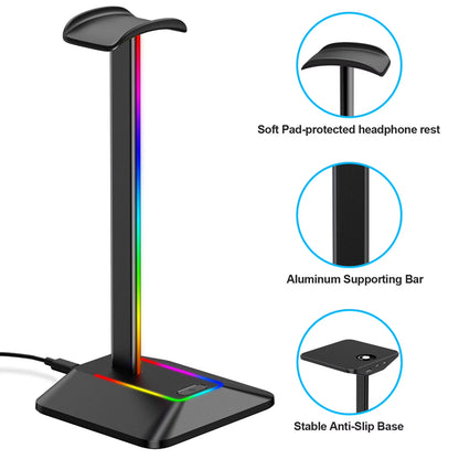 RGB Headphone Stand with 1 USB C Charging Port and 1 USB Charging Port, Non-Slip Rubber Base, Desk Gaming Headset Stand with 7 Light Modes for All Earphone Accessories, Black