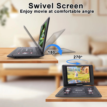 25.8" Portable DVD Player with 14.1" HD Screen for Car, Built-in Rechargeable Battery, Dual Speakers, Support USB/SD Card/Sync TV and Multiple Disc Formats, Remote Control, with Car/AC Adapter, Black