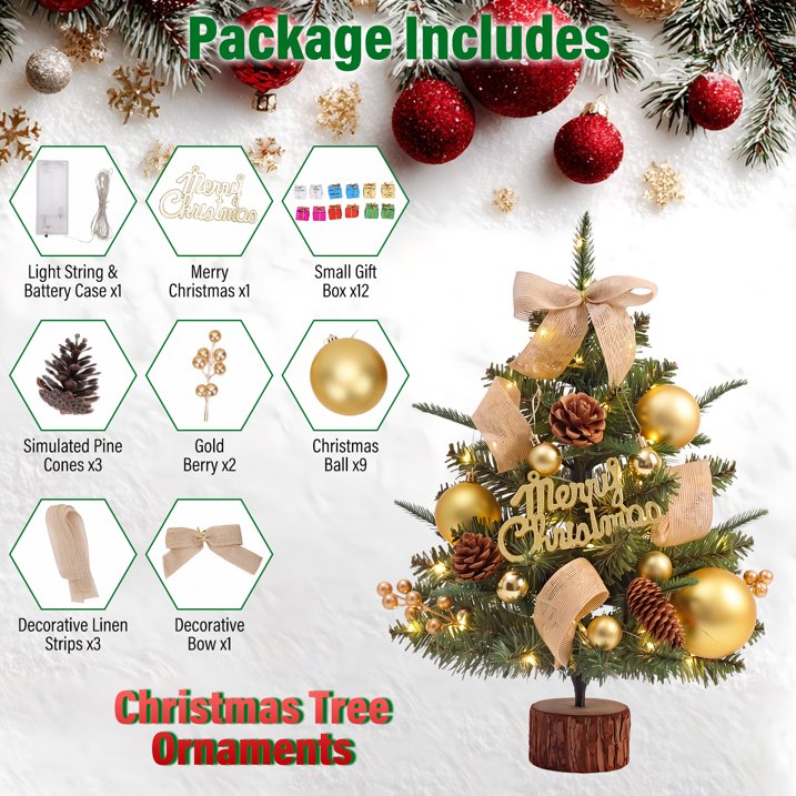 Mini Christmas Tree Tabletop Set with 30 LED Lights, 18 inch Artificial Xmas Tree with PineCones Berries Bows Balls & Gift Boxes Ornaments, Perfect DIY Xmas Decorations for Holiday Home Kitchen