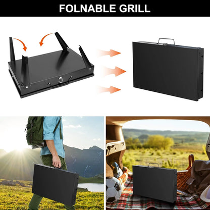 Portable Charcoal Grill, Foldable BBQ Grill Tabletop Lightweight Iron Charcoal Grill with Vent/Foldable Legs for Outdoor Camping Picnics Patio Tailgating Travel Garden Grilling with Shovel Fork Hooks