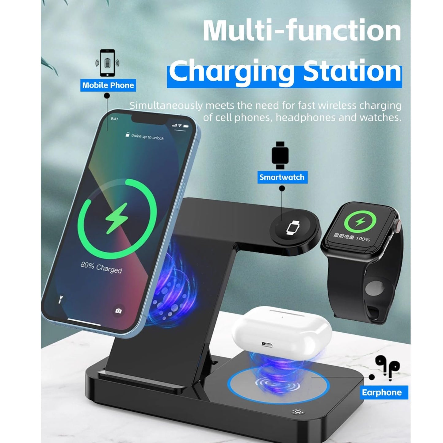 4 in 1 Wireless Charger Stand 15W Charging Station for Multiple Devices Compatible with iPhone 16/15/14/13/12/11, for iWatch, AirPods, Foldable Fast Charging Stand with LED Light