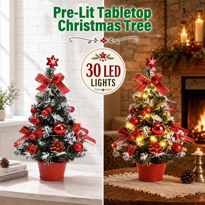 3 Pack Pre-lit Mini Christmas Tree, 16inch Snowy Flocked Tabletop Small Artificial Christmas Tree with 30 LED Lights, Berries Ball Ornaments, Perfect for Home Kitchen Desk Holiday Xmas Decorations